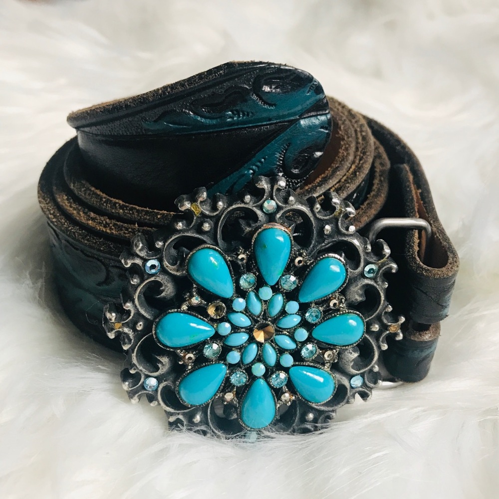 Beth frank teal Jeweled tooled leather belt 38